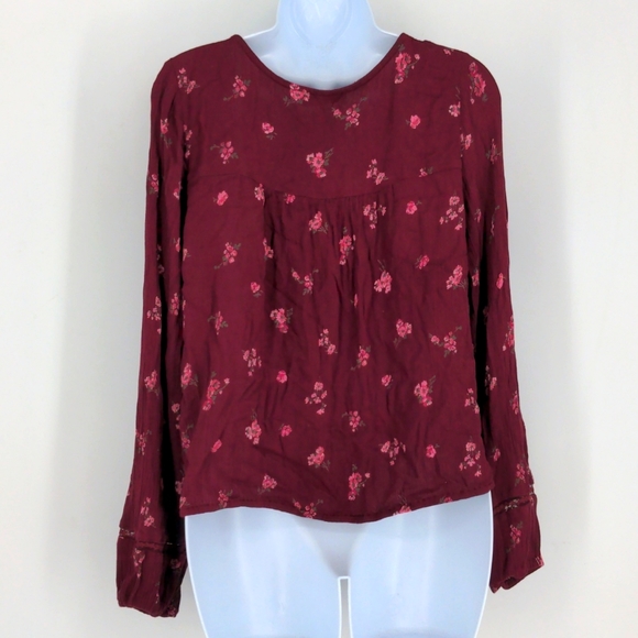 Hollister Loose Flowy Boho Festival Red Pink Floral Shirt Top Blouse Size Large - Picture 4 of 7